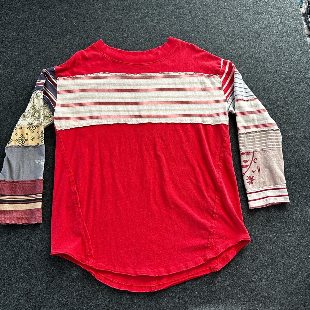 We The Free Free People Red Patchwork Mixed Media Long Sleeve Top Large